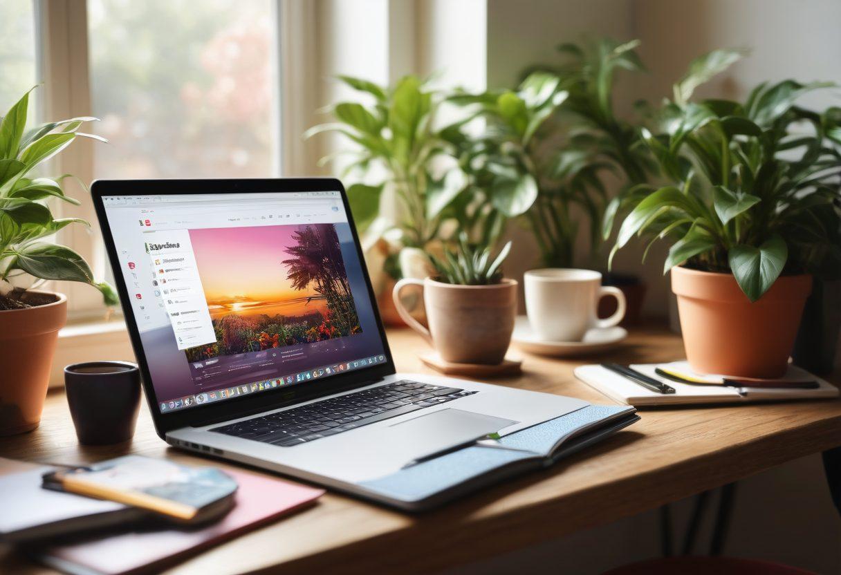 A cozy, inviting workspace featuring a beautifully designed open laptop displaying a colorful, visually appealing blog layout. Surrounding elements include a stylish notebook, a steaming cup of coffee, and vibrant houseplants, all set against a warm, natural light backdrop. Emphasize a sense of creativity and inspiration. super-realistic. vibrant colors. soft focus.