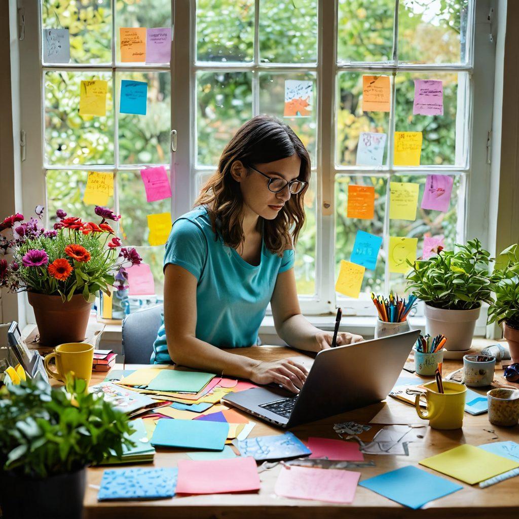 A person sitting at a cozy, creatively decorated desk, surrounded by colorful sticky notes and sketches, deeply engaged in writing on a laptop. An open window reveals a vibrant garden outside, symbolizing inspiration. Include art supplies like paintbrushes and notebooks scattered around, reflecting creativity and individuality. bright colors. soft focus. painting.