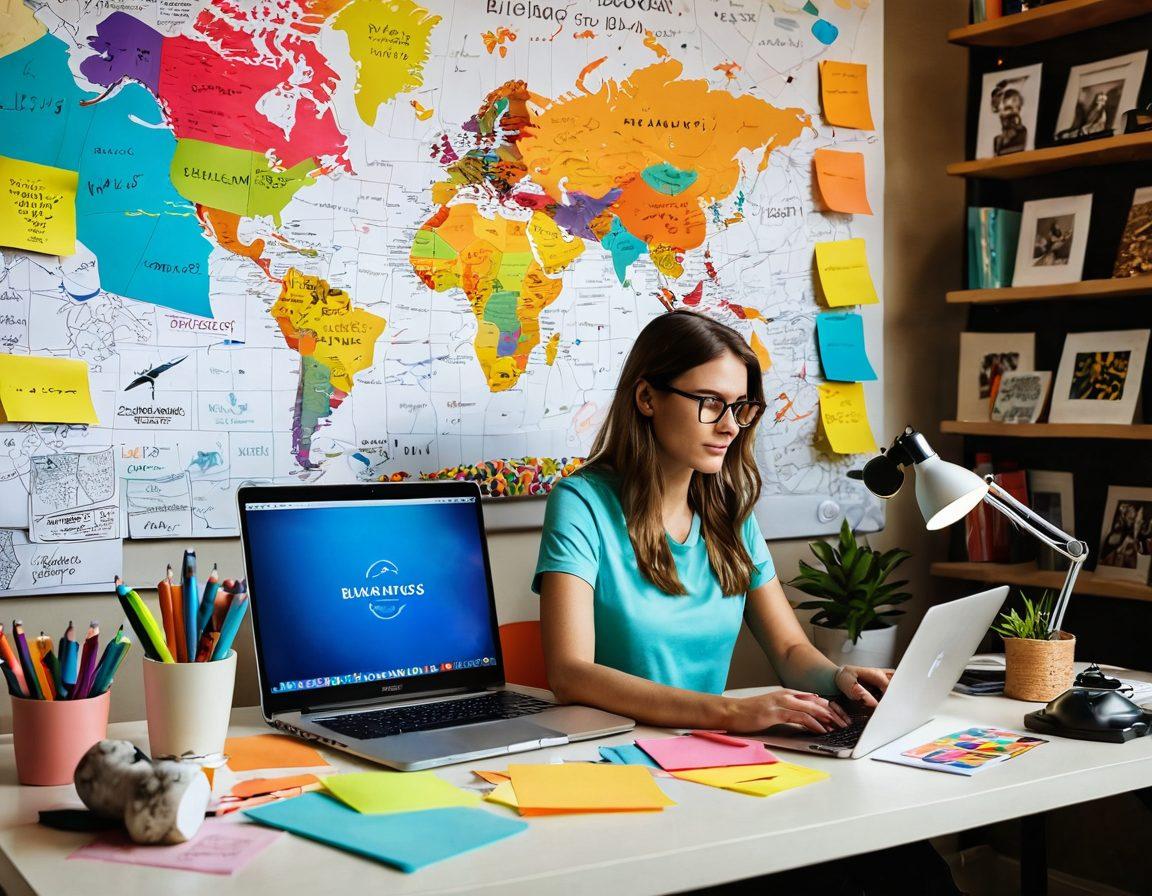 A vibrant workspace showcasing a creative individual passionately typing on a laptop, surrounded by colorful sticky notes, art supplies, and a glowing lamp. There are digital content ideas scattered on the desk, with a backdrop featuring a world map made of blog headlines. The scene radiates inspiration and innovation, capturing the essence of blogging and content creation. super-realistic. vibrant colors. warm lighting.